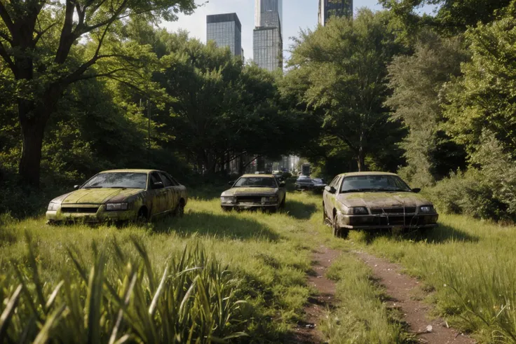 8k, realistic, vray, HDR,  6000K, new york, time square, overgrown weeds, grass, trees, vines, no human, rusty wrecked cars, crumbling buildings, <lora:PostApocalyptic5-000007:0.65> SZ_4po enviroment, , <lora:add_detail:0.5>