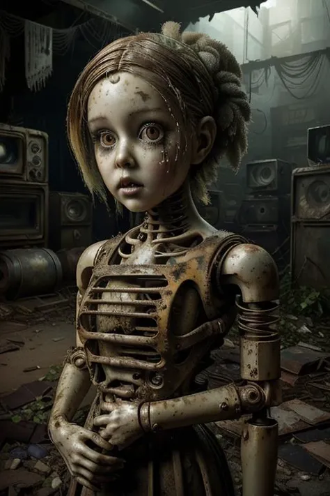 ultra-realistic photo of an eerie mechanizes cracked porcelain doll made of rusty sheet metal and wire in a rotting old basement, wearing an old burlap dress made of switched rags, photorealistic, studio lighting, in the style of decay and decayed, hyper-detailed, morbid, ugly, in a post-apocalyptic abandoned workshop, <lora:PostApocalyptic_v4:0.6>, SZ_4po enviroment,