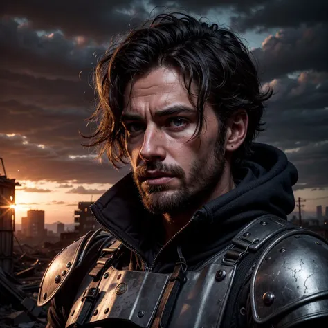 (upper body:1.2) photo of european 30 years old man, man walk in the middle of a ruined town, (close up:1.2), post-apocalyptic landscape with ruins, battered modern (military body armor:1.2), cape over modern army uniform, detailed short hair, 21 century, (looking at the viewer:1.2), gloomy twilight, hood, <lora:PostApocalyptic_v4:0.35> SZ_4po enviroment, <lora:add_detail:0.5>, gloomy atmosphere, cloudy weather, night cinema shot