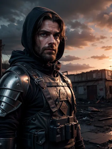 (upper body:1.2) photo of european 30 years old man, man walk in the middle of a ruined town, (close up:1.2), post-apocalyptic landscape with ruins, battered modern (military body armor:1.2), cape over modern army uniform, detailed short hair, 21 century, (looking at the viewer:1.2), gloomy twilight, hood, <lora:PostApocalyptic_v4:0.35> SZ_4po enviroment, <lora:add_detail:0.5>, gloomy atmosphere, cloudy weather, night cinema shot
