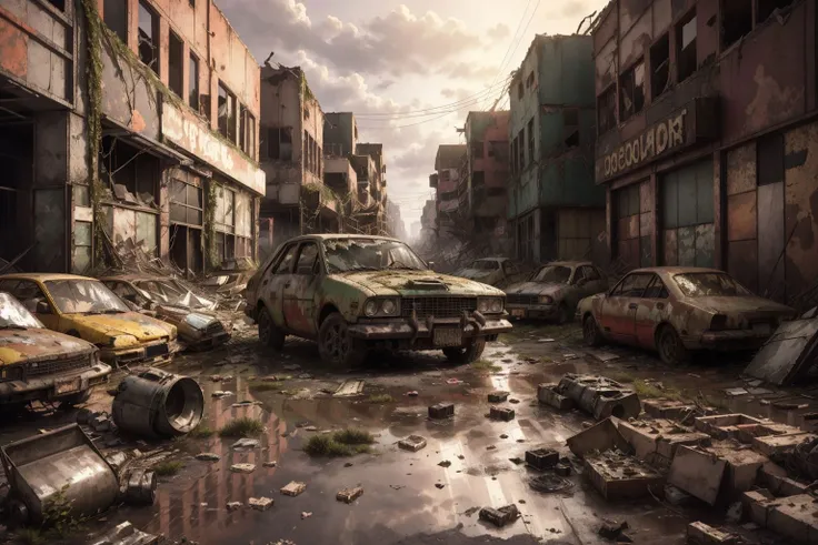 8k, realistic, vray, HDR, 6000K, in a post-apocalyptic abandoned shopping plaza, broken storefront windows, debris-filled dried fountain, abandoned cars. <lora:PostApocalyptic_v4:0.6> SZ_4po enviroment