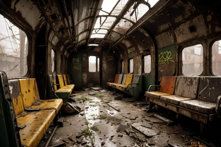 8k, realistic, vray, HDR, 6000K, on a post-apocalyptic deserted train station, rusting benches, cracked information board, graffiti-covered abandoned train. <lora:PostApocalyptic_v4:0.6> SZ_4po enviroment