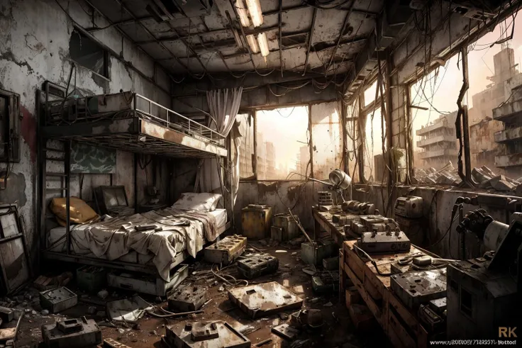 8k, realistic, vray, HDR,  6000K, inside a post-apocalyptic hospital, scattered reception papers, rusted surgery equipment, dusty ward beds. <lora:PostApocalyptic_v4:0.6> SZ_4po enviroment