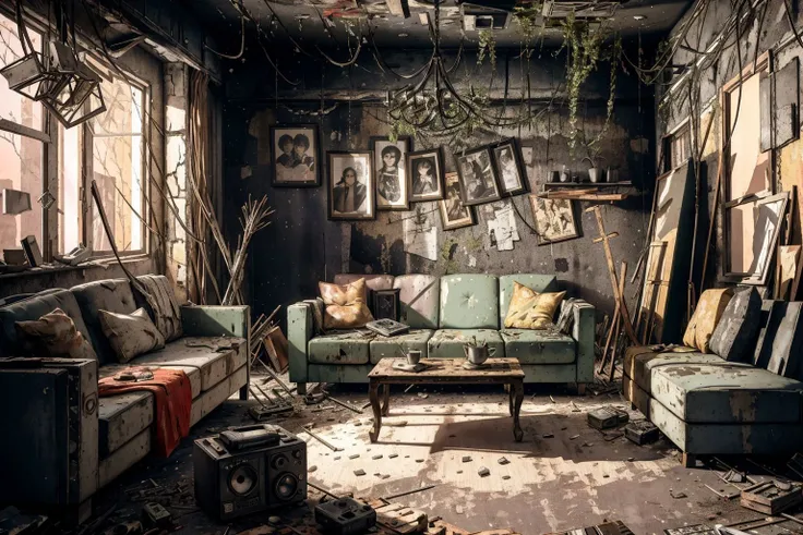 8k, realistic, vray, HDR,  6000K, on a post-apocalyptic living room, torn sofas, shattered tv, faded family photographs, worn carpet. <lora:PostApocalyptic_v4:0.6> SZ_4po enviroment