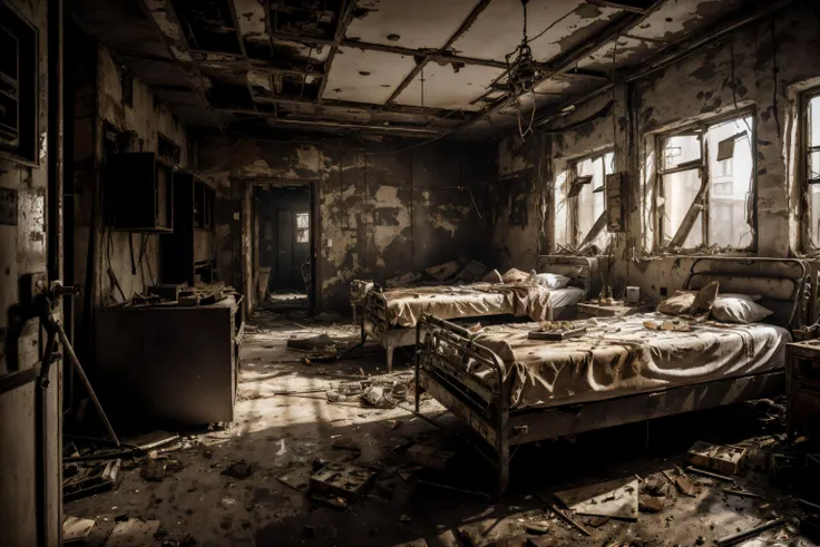 8k, realistic, vray, HDR,  6000K, inside a post-apocalyptic hospital, scattered reception papers, rusted surgery equipment, dusty ward beds.  <lora:PostApocalyptic_v4:0.6> SZ_4po enviroment