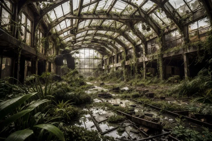 8k, realistic, vray, HDR, 6000K, in a post-apocalyptic neglected greenhouse, shattered glass, overgrown plants, rusted tools, dried fountain. <lora:PostApocalyptic_v4:0.6> SZ_4po enviroment