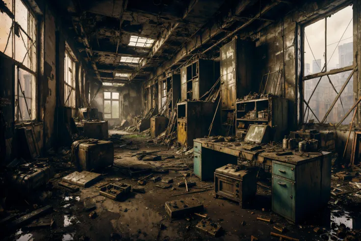 8k, realistic, vray, HDR, 6000K, in a post-apocalyptic abandoned workshop, scattered rusted tools, lingering oil smell, yellowed blueprints. <lora:PostApocalyptic_v4:0.6> SZ_4po enviroment