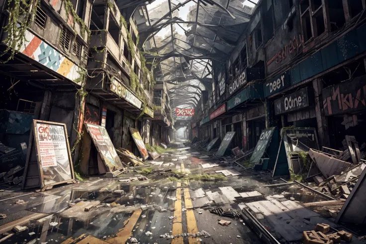8k, realistic, vray, HDR, 6000K, in a post-apocalyptic empty shopping mall, shattered storefronts, strewn mannequins, frozen escalator, overturned food court furniture. <lora:PostApocalyptic_v4:0.6> SZ_4po enviroment