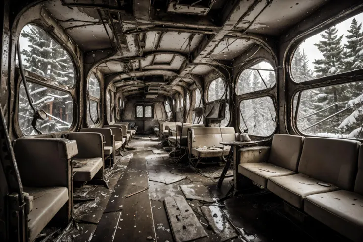8k, realistic, vray, HDR, 6000K, inside a post-apocalyptic ski resort, motionless chairlift, damaged lodge, snow-covered equipment. <lora:PostApocalyptic_v4:0.6> SZ_4po enviroment