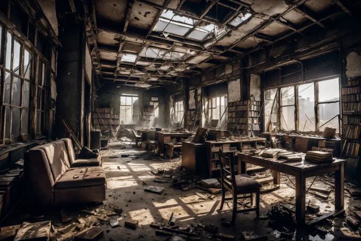 8k, realistic, vray, HDR,  6000K, inside a post-apocalyptic library, dust-shrouded books, sagging shelves, strewn broken furniture, ceiling cobwebs. <lora:PostApocalyptic_v4:0.6> SZ_4po enviroment