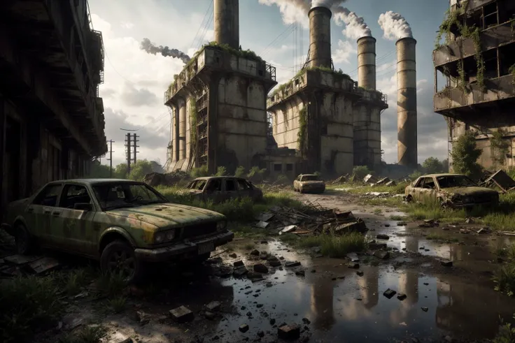 8k, realistic, vray, HDR, 6000K, on a post-apocalyptic power plant, still turbines, broken control room, crumbling cooling tower. <lora:PostApocalyptic_v4:0.6> SZ_4po enviroment