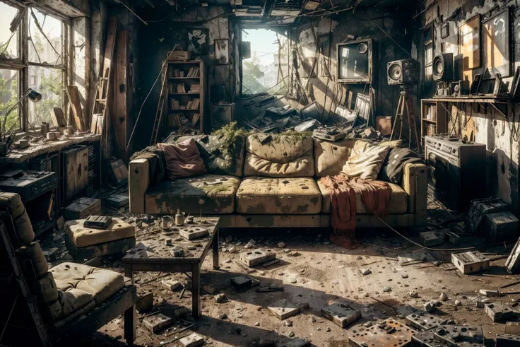 8k, realistic, vray, HDR,  6000K, on a post-apocalyptic living room, torn sofas, shattered tv, faded family photographs, worn carpet. <lora:PostApocalyptic_v4:0.6> SZ_4po enviroment