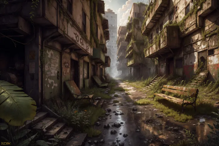 8k, realistic, vray, HDR,  6000K,   in a post-apocalyptic overgrown park, weedy flower beds, rusted playground, dried fountain, mossy benches. <lora:PostApocalyptic_v4:0.6> SZ_4po enviroment