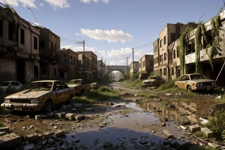 8k, realistic, vray, HDR, 6000K, on a post-apocalyptic collapsed bridge, scattered twisted metal, concrete blocks, flowing river, rusting cars. <lora:PostApocalyptic_v4:0.6> SZ_4po enviroment