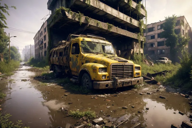 8k, realistic, vray, HDR, 6000K, on a post-apocalyptic collapsed bridge, scattered twisted metal, concrete blocks, flowing river, rusting cars. <lora:PostApocalyptic_v4:0.6> SZ_4po enviroment