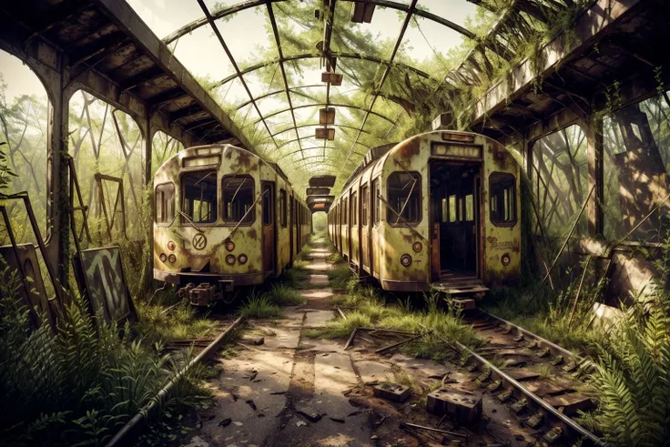 8k, realistic, vray, HDR, 6000K, in a post-apocalyptic zoo, empty overgrown enclosures, faded visitor's center signs, broken monorail. <lora:PostApocalyptic_v4:0.6> SZ_4po enviroment