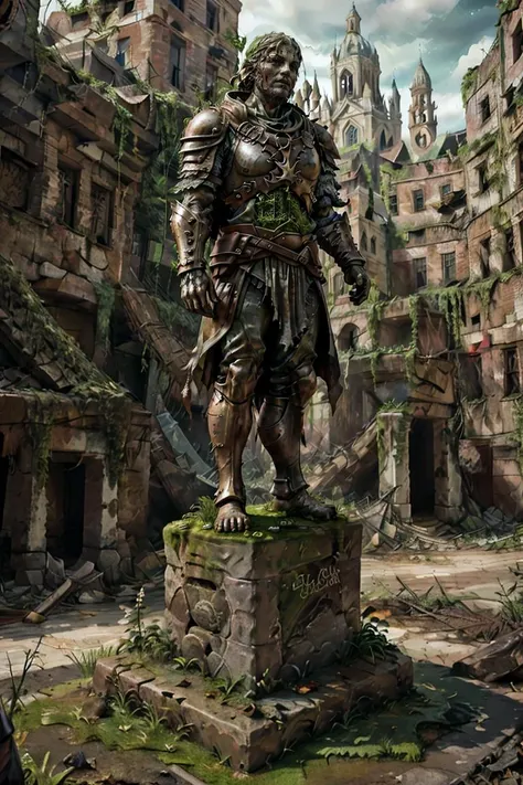 medieval fantasy post apocalyptic theme,(top down view), bronze_statue of a valiant powerful hero in intricate armor standing tall, (detailed statute head:1.3), on a pedestal, 8k, realistic, vray, HDR, 6000K, in the middle of a post-apocalyptic medieval square, destroyed medieval hamlet castle, destroyed world, broken brick road, moss growing on brick, <lora:PostApocalyptic_v4:0.6> SZ_4po enviroment <lora:bronze_statue:0.6>