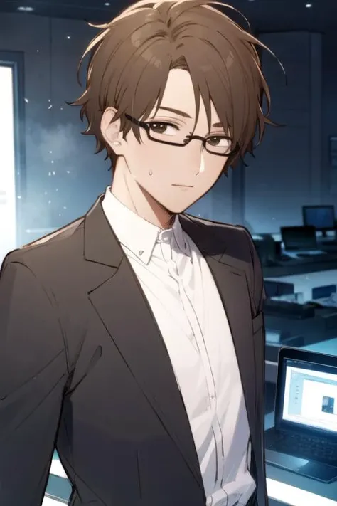 masterpiece, best quality, sketch, 1boy, solo, male focus, looking at viewer, upper body, , <lora:takayuki_mima:0.72>, takayuki_mima, brown hair, brown eyes, glasses, luau costume, science fiction dystopian, HD-DVD