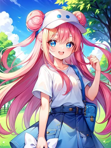 score_9, score_8_up, score_7_up, masterpiece, best quality, absurdres, 8k wallpaper, source_anime, uncensored,rating_safe,
1girl,solo,park, sky, tree, grass field,
upper body,  hand up, 
very long hair, double bun, pink hair, floating hair, 
open mouth, smile,blue eyes,<lora:horizontal pupils_pony_8:1.5>,
white t-shirt long denim skirt  animal hat, cat cap Messenger bag  ,