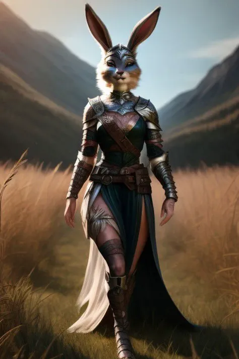 hyper realistic: human female/bunny warrior hybrid 70% human 30% bunny, furry,fur,"soft fur covering body" furry body, in grasslands surrounded by wood's