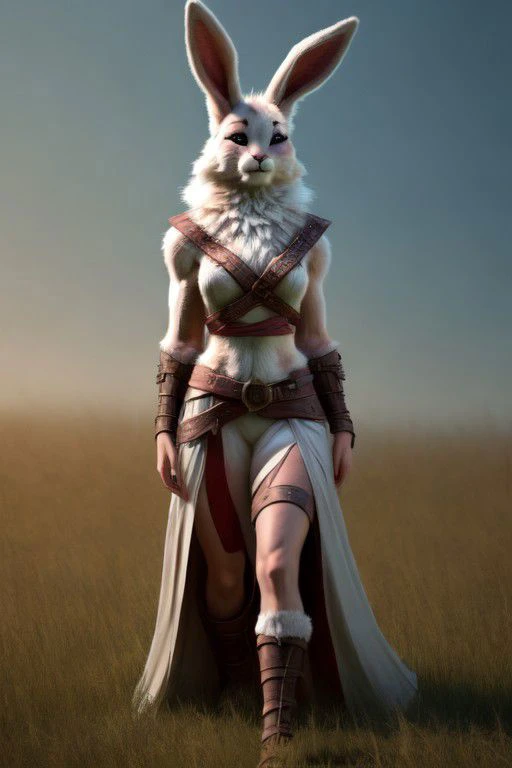 hyper realistic: human female/bunny warrior hybrid 70% human 30% bunny, furry,fur,"soft fur covering body" furry body, in grasslands surrounded by wood's
