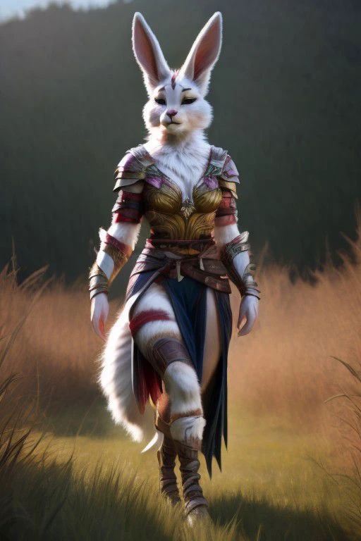 hyper realistic: human female/bunny warrior hybrid 70% human 30% bunny, furry,fur,"soft fur covering body" furry body, in grasslands surrounded by wood's