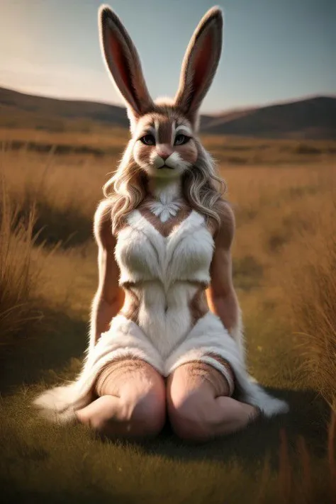 Anthro white bunny wearing absolutely notjing sitting down with legs spread open and breasts/nipples and genitals exposed