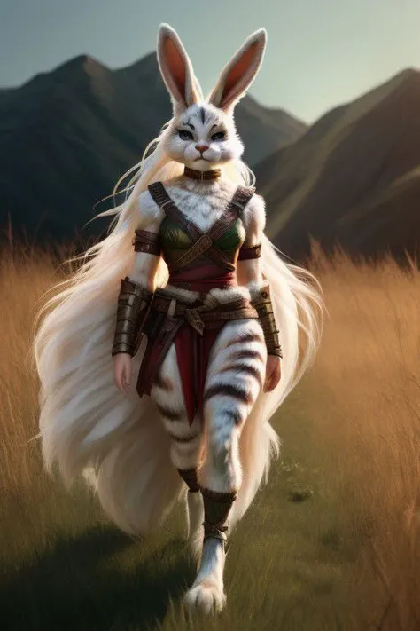 hyper realistic: human female/bunny warrior hybrid 70% human 30% bunny, furry,fur,"soft fur covering body" furry body, in grasslands surrounded by wood's