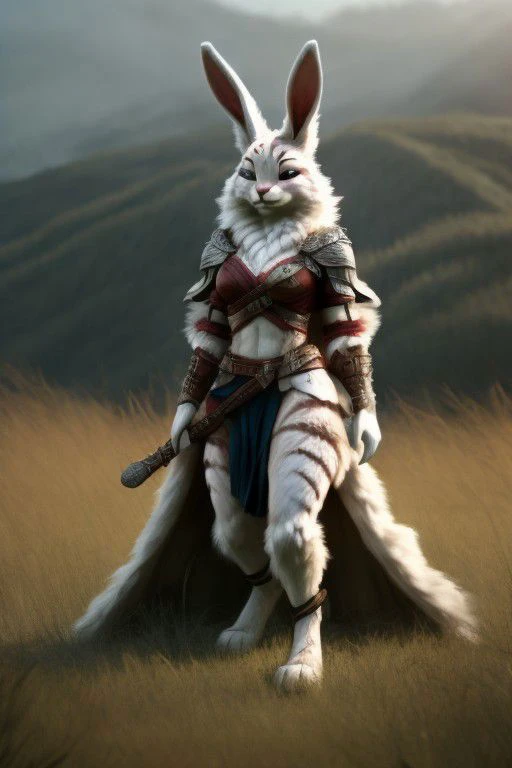hyper realistic: human female/bunny warrior hybrid 70% human 30% bunny, furry,fur,"soft fur covering body" furry body, in grasslands surrounded by wood's