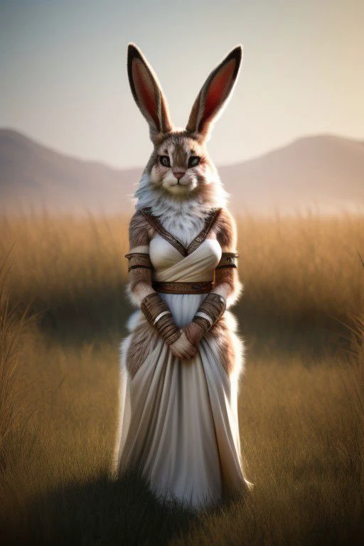 hyper realistic: human female/bunny warrior hybrid 70% human 30% bunny, furry,fur,"soft fur covering body" furry body, in grasslands surrounded by wood's