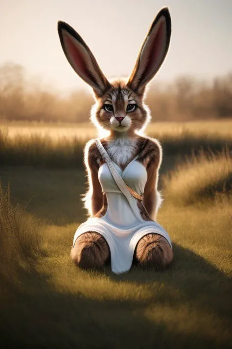 hyper realistic: human female/bunny warrior hybrid 70% human 30% bunny, furry,fur,"soft fur covering body" furry body, in grasslands surrounded by wood's