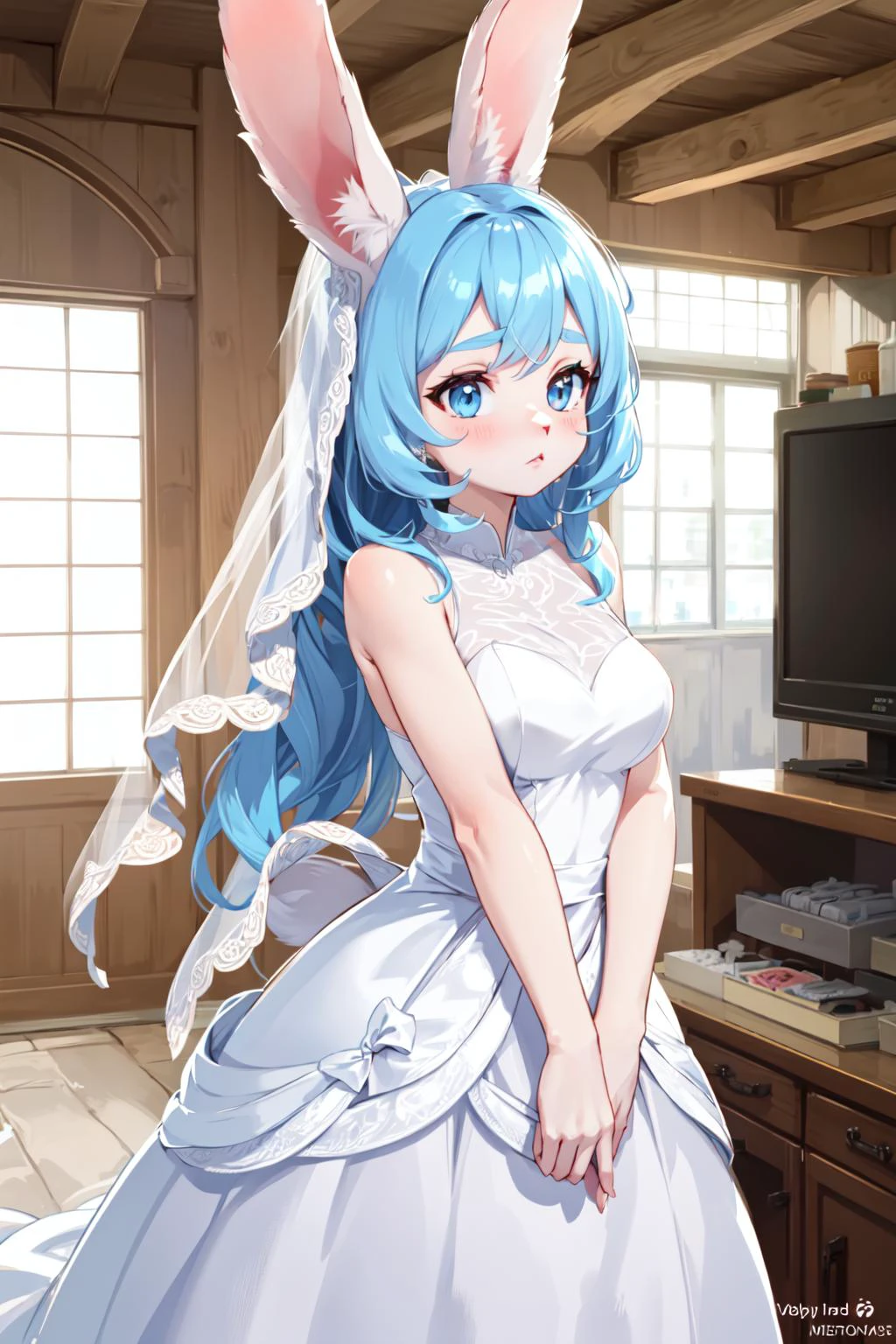 a ((twin)) furry rabbit girls, rabbit ears, wedding dress, ((body fur)), medium breasts, multiple girls, furry on furry <lora:KitsuneAi-KemoUsagi-LoKr16V3:1>