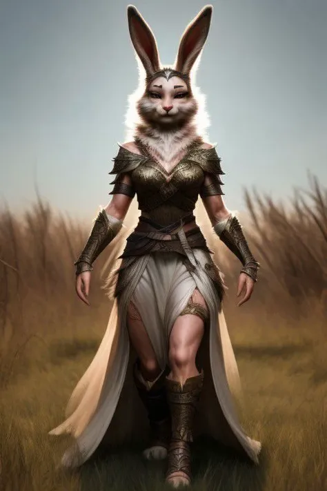 hyper realistic: human female/bunny warrior hybrid 70% human 30% bunny, furry,fur,"soft fur covering body" furry body, in grasslands surrounded by wood's