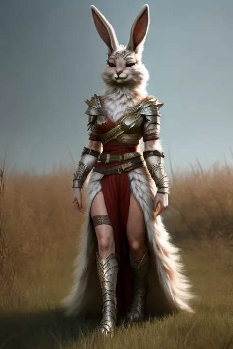 hyper realistic: human female/bunny warrior hybrid 70% human 30% bunny, furry,fur,"soft fur covering body" furry body, in grasslands surrounded by wood's