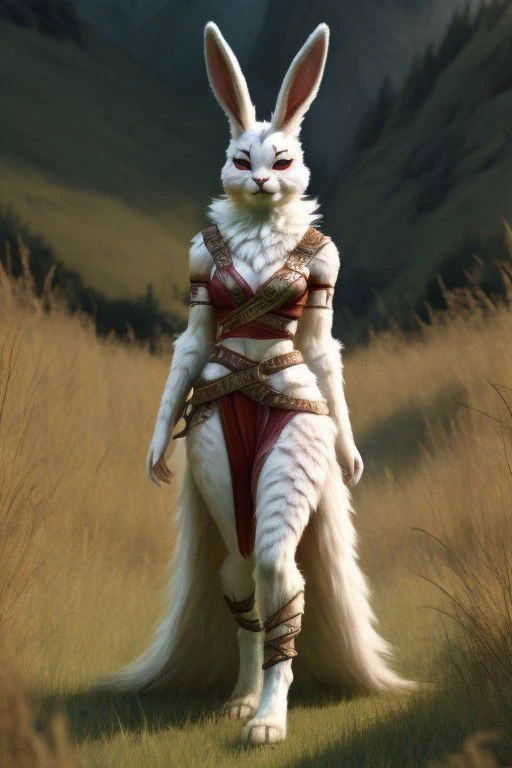 hyper realistic: human female/bunny warrior hybrid 70% human 30% bunny, furry,fur,"soft fur covering body" furry body, in grasslands surrounded by wood's