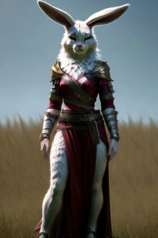 hyper realistic: human female/bunny warrior hybrid 70% human 30% bunny, furry,fur,"soft fur covering body" furry body, in grasslands surrounded by wood's