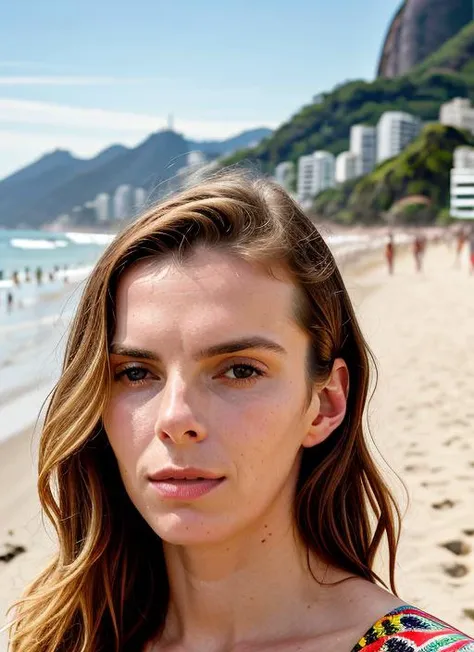 portrait of sks woman in Rio de Janeiro, on Copacabana Beach, by Flora Borsi, style by Flora Borsi, bold, bright colours, ((Flora Borsi)), by Dorothea Lange, <lora:lora-small-betty-gilpin-v1:1>