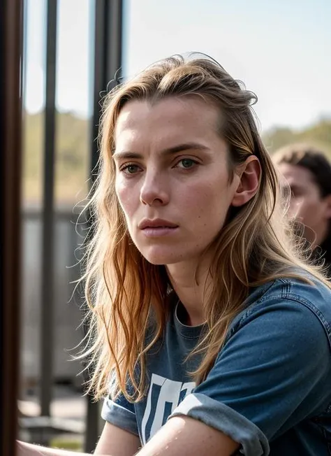 A stunning intricate color close up portrait of (sks woman:1) , wearing Band t-shirt and ripped jeans, epic character composition, sharp focus, natural lighting, subsurface scattering, f2, 35mm, film grain, , by Annie Leibovitz, <lora:lora-small-betty-gilpin-v1:1>