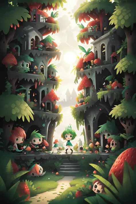 post00d, still life, girl, chibi, optical illusion, portal fantasy, green, strawberry blonde, short hair,simple, Exquisite , a group stranded on a haunted island, <lora:post00d-000010:1>