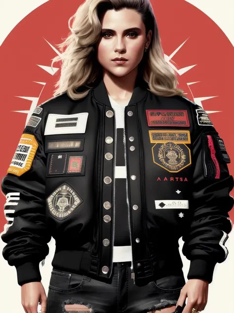 SF , portrait, wears Streetwear-inspired bomber jacket with graphic prints, patches, and zippers, photography, trending on artstation, sharp focus, intricate details, by greg rutkowski <lora:SFSFW:0.9>