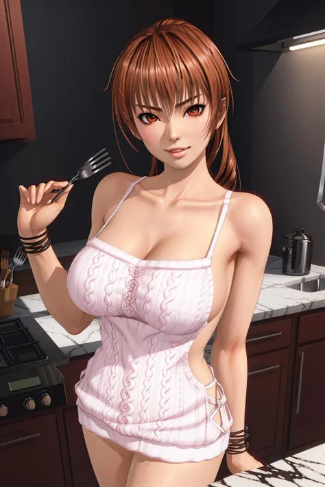 masterpiece, best quality, looking at viewer, kasumi (doa), night, kitchen, big breasts, sweater, <lora:kasumi-000018:0.65>