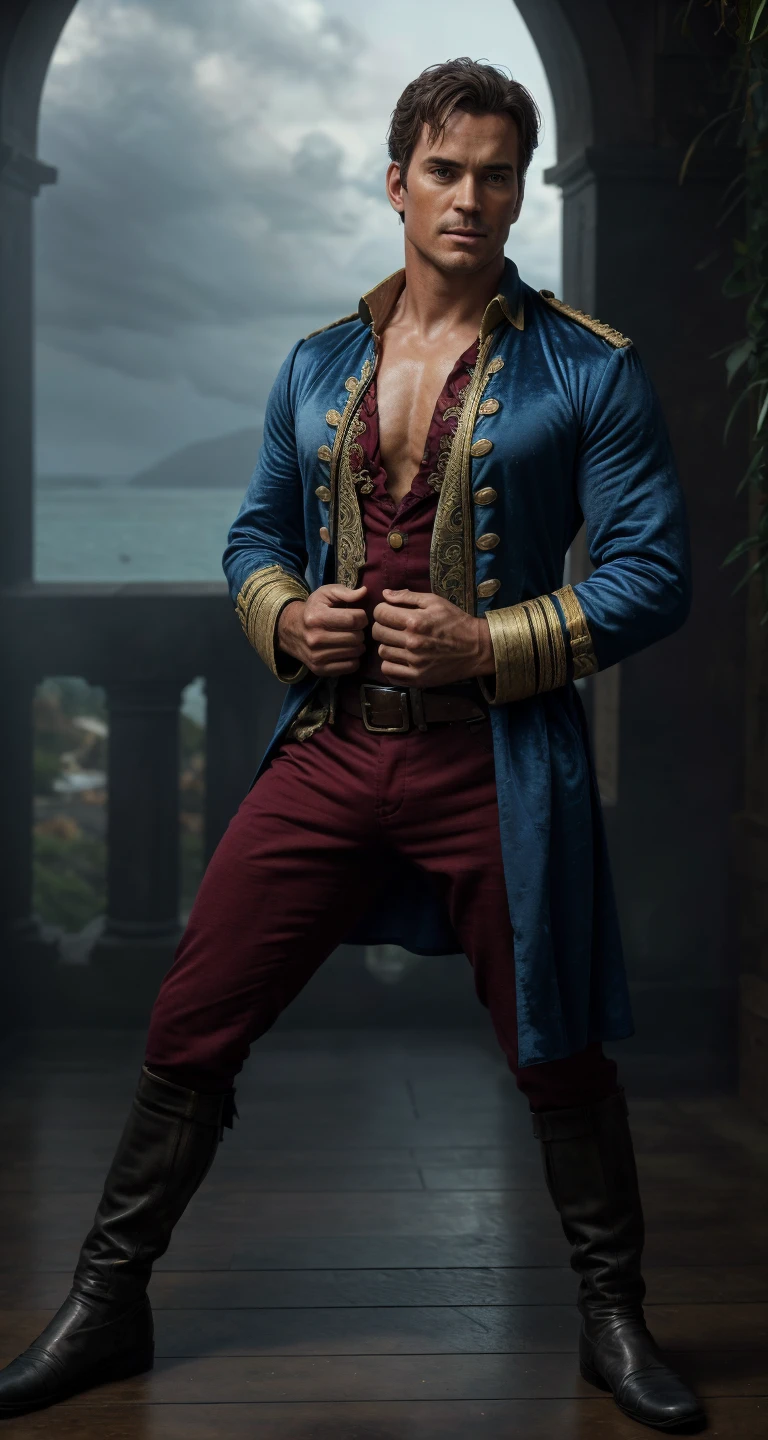 sfw solo modelshoot style (full body:1.3) photography of
(matt bomer <lora:matt_bomer:0.8> ):1.5
with (morning hair wild disheveled shaggy haircut, windy hair texture), looking at viewer, standing as a British royal navy officer in the 1400, ((wearing flamboyant medieval military sea captain outfit intricate elegant noble patterned fabric clothes (cotton linen shirt):1.2 deep crimson red and navy blue color, velvet)), dynamic pose, bulge, Italian renaissance fashion, costume, fantasy, cosplay, dnd, renaissance fair, medieval, from pirates of the caribbean, flag flying above fort,
fresh face, detailed skin, skin pores, acne, freckles, mole, detailed eyes, defiance512,
(male focus, eye level shot, wide shot, full shot, full-length:1.3), subsurface scattering, (dust particles), ((particle effect)), sharp focus on subject, very detailed background, masterpiece, realistic, highly detailed, high-definition resolution, ultra realistic, highly detailed, f/1.8, 85mm, professionally color graded, trending on instagram, trending on tumblr, grainy, best quality:1.1, ultra photoreal, photorealistic:1.0, sharp focus:1.1, depth of field:1.1, 50mm, Hasselblad X1D II, Porta 160, (bloom), (shine), ray tracing, bokeh, 32k, Megapixel, HDR, Ultra-HD, Super-Resolution, RAW format, Professional shot, iso 100,
<lora:add_detail:0.3> <lora:BohoAI:0.3> <lora:LowRA:0.6> <lora:PiratePunkAIV4-000004:0.3> <lora:pirates_of_the_caribbean_offset:0.3> prt