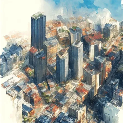 architectural water colour ink painting of a skyscraper, mixed use commercial and residential, axonometric view, by (Antoine Blanchard:1.5), ink splashing, paint brush strokes, beautifully detailed, three-dimensional greenery, street planting, urban space, breathtaking urban design