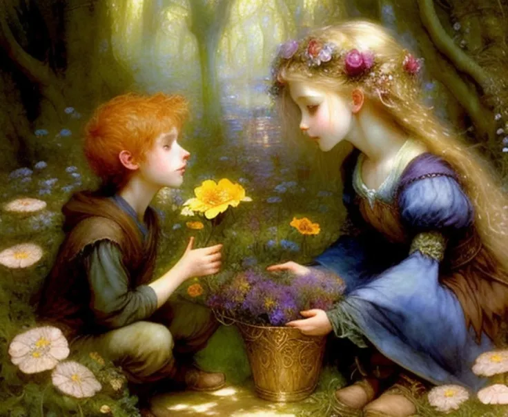 a boy gifting a girl with a flower bucket, mystic forest,epic fantasy,fantasy art,arthur hughes and brian froud,a fine art paiting,high quality,hiper detailed ,,divine,the girl have blonde hair,man brown hair,maximalism,twilight