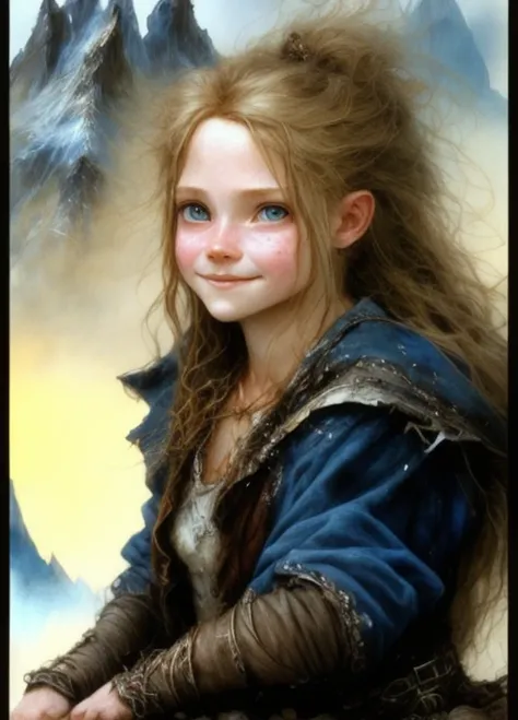 a wild dark blond hair young girl wearing torn clothes, mountains,epic fantasy,fantasy art, brian froud,a fine art paiting,high quality,hiper detailed ,portrait,smile sad,solitude,wanderer