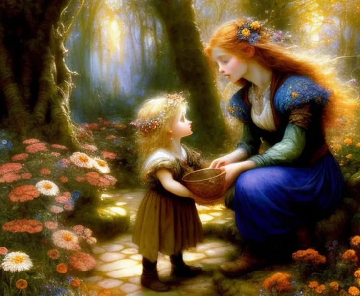 a boy presenting a girl with a flower bucket, mystic forest,epic fantasy,fantasy art,arthur hughes and brian froud,a fine art paiting,high quality,hiper detailed ,,divine,the girl have blonde hair,man brown hair,maximalism,twilight