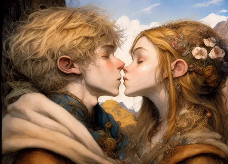 paiting of two young wild people sitting next to each other kissing in a the mountains,epic fantasy,fantasy art,brian froud,a fine art paiting,divine,high quality,hiperdetailed,maximalism,girl have blonde hair,boy have brown hair
