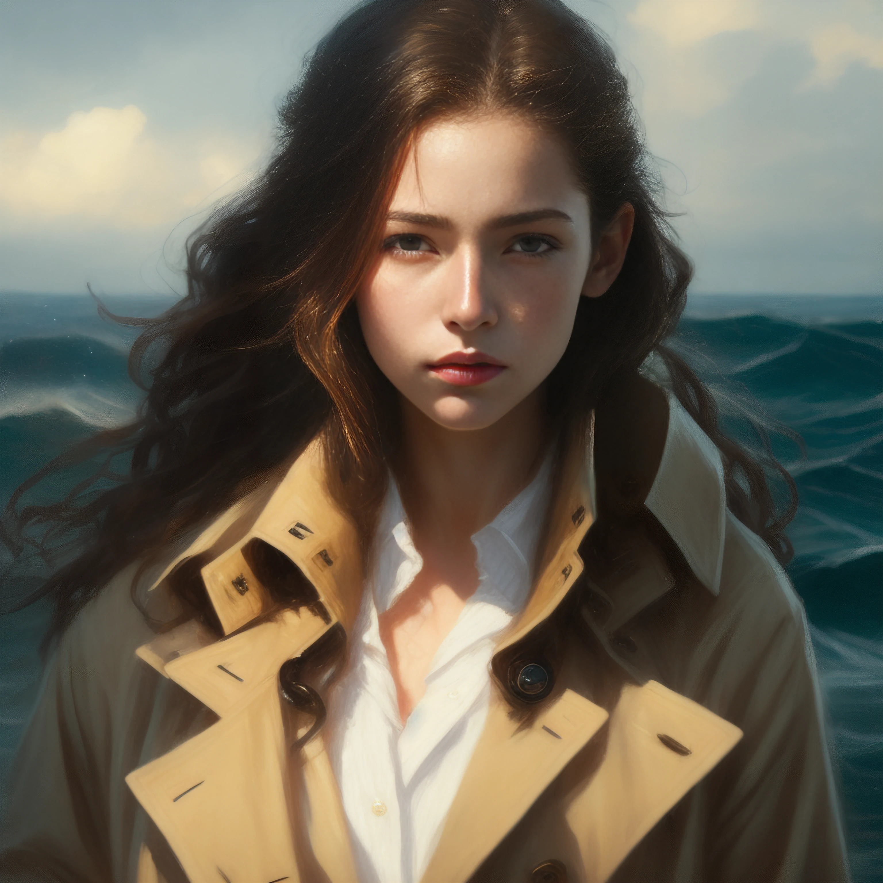 1girl, block paint depicting a beautiful detective in a ocean environment, posed portrait study, she is wearing a trench coat, rimlight, backlit, light rays, highly detailed,