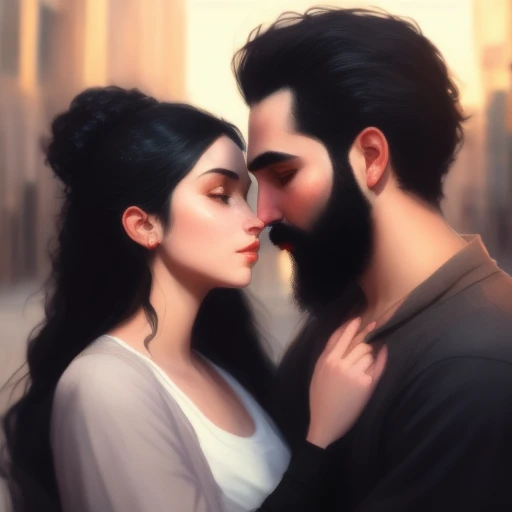 block paint depicting a beautifil young woman with black hair kissing a young bearded man in (city of istanbul:0.001), posed character portrait design study, backlit, light rays, highly detailed, trending on artstation