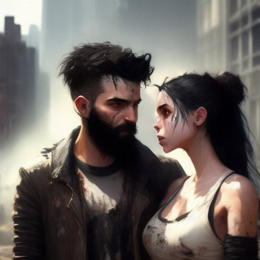 block paint depicting a young post-apocalyptic woman wearing dirty clothes with black greasy hair kissing a young bearded  post-apocalyptic wearing dirty clothes man in (ruins of new york city:0.001), posed character portrait design study, backlit, light rays, highly detailed, trending on artstation